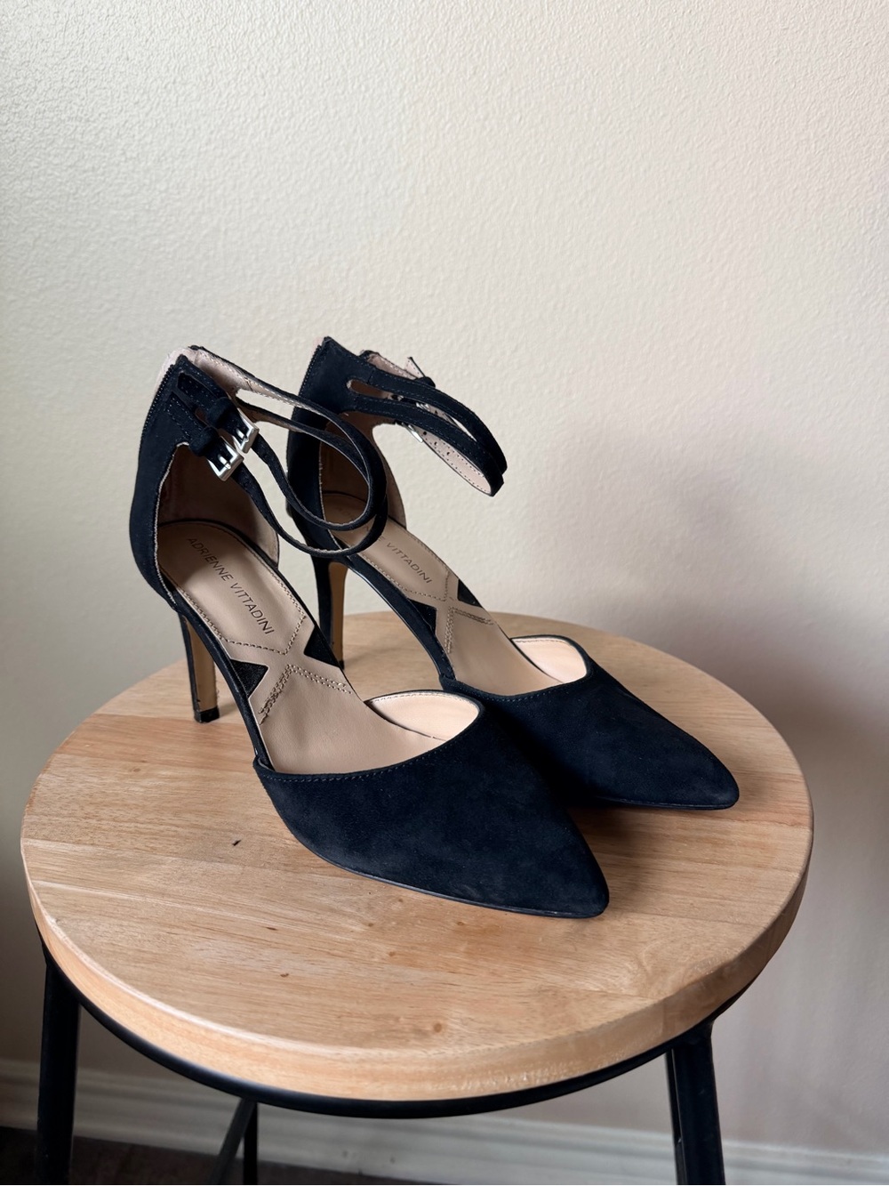 Adrienne Vittadini Black Suede Pointed Toe Ankle Strap Heels